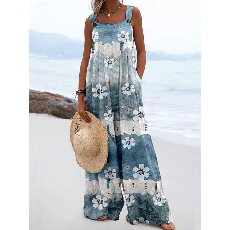 Women's Dungarees Active Floral Sleeveless Wide Leg Vacation Street Loose Fit Yellow Blue Gray Summer3