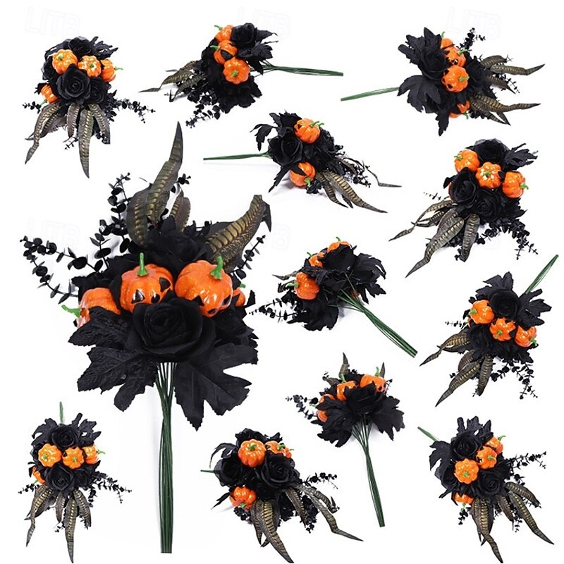 Halloween Black Artificial Flower Bouquet, Gothic Rose Eucalyptus Pumpkin Floral Arrangement, Spooky Home Party Table Decor Set
