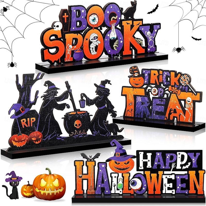 4 Pack Halloween Wooden Table Centerpiece Decorations, Trick or Treat Boo Ghost Witch Pumpkin Signs, Rustic Indoor Party Tabletop Home Decor