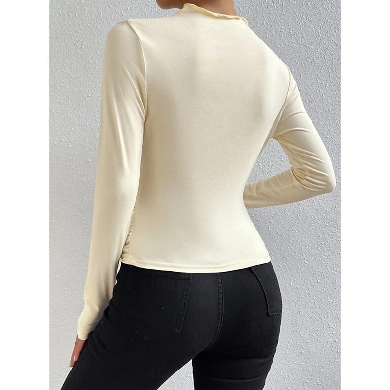 Women's Blouse Solid Color Elegant Stylish Basic Long Sleeve Crew Neck Regular Tops Daily Ruched Black White Brown Light Grey Apricot Summer Spring2