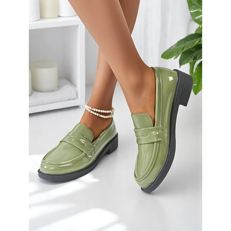 Women's Glossy Faux Leather Loafers with Round Toe and Low Heel, Elegant Slip-On Work Shoes for Urban Professionals, All-Day Wear2