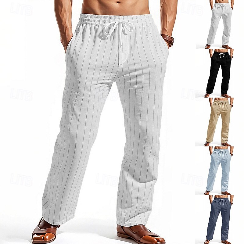 Men's Linen Pants Trousers Summer Pants Beach Pants Pocket Elastic Waist Drawstring Striped Comfort Breathable Vacation Daily Holiday Hawaiian Boho Black White