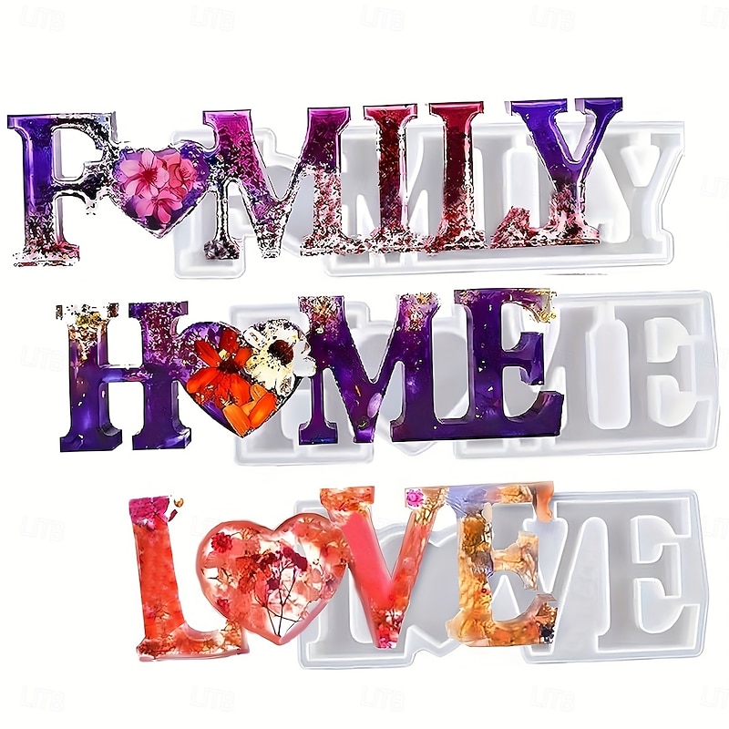 3pcs Silicone Resin Molds with Family Love Phrases Letter Word Epoxy Resin Molds for Resin Art Jewelry Home Decoration/Valentine'S Day Making DIY Handmade Sign Resin Supplie - Main Image