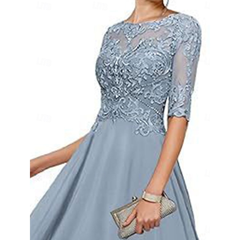 A-Line Mother of the Bride Dress Elegant Simple Boat Neck Asymmetrical Polyester Half Sleeve with Solid Color2