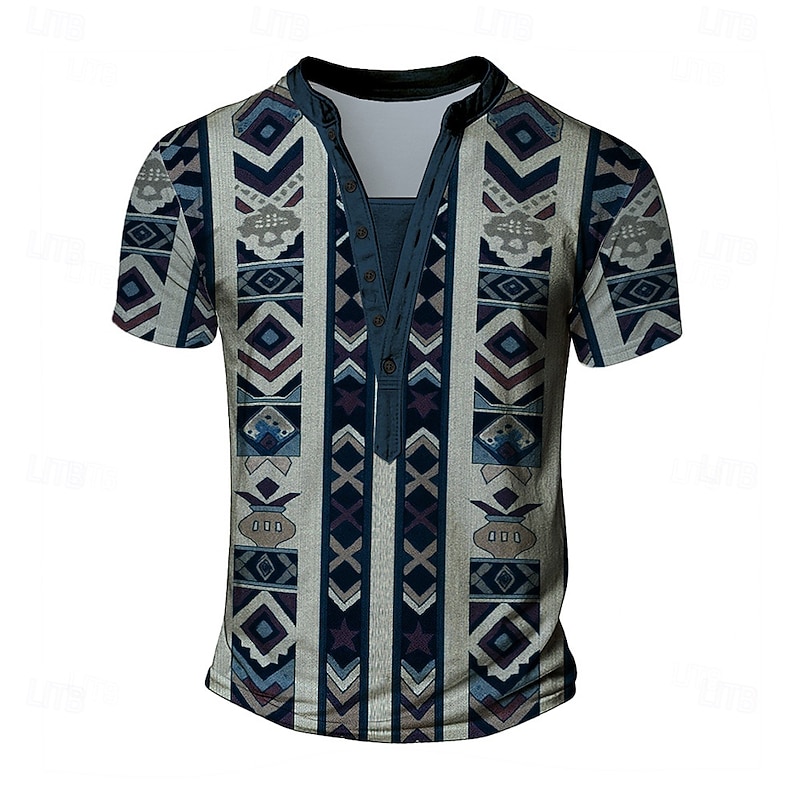 Men's Ethnic T Shirt Henley Shirt Tee Short Sleeve Designer Basic Ethnic Outdoor Casual Daily Summer Navy Blue Khaki Henley Henley T-Shirt2