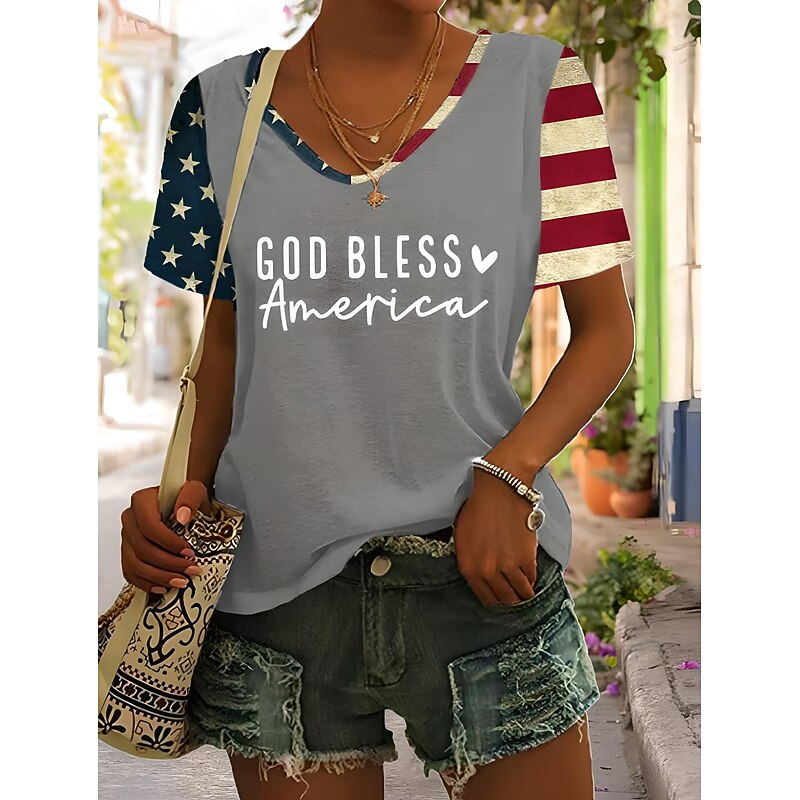Women's Patriotic  T Shirt Graphic American Flag Vintage Stylish Classic Short Sleeve V Neck Regular Tops Daily Weekend Print Black Blue Green Gray Summer Spring4