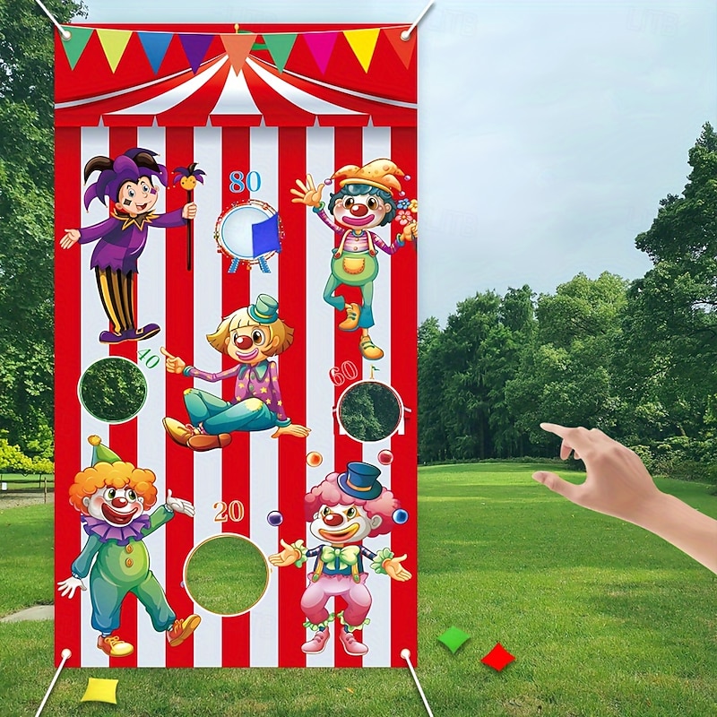 Circus Game  Outdoor Party Vibrant Outdoor 1pc Circus Game Sandbag Flag  53 x 30 Durable Satin Banner with Colorful Clowns & Toss Games for Family Fun Garden or Backyard Decor