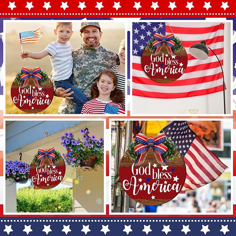 Patriotic Welcome Sign for Front Door 4th of July Independence Day Wreath Decorations Outdoor Door Hanger for Porch, Wall, Window 12"3