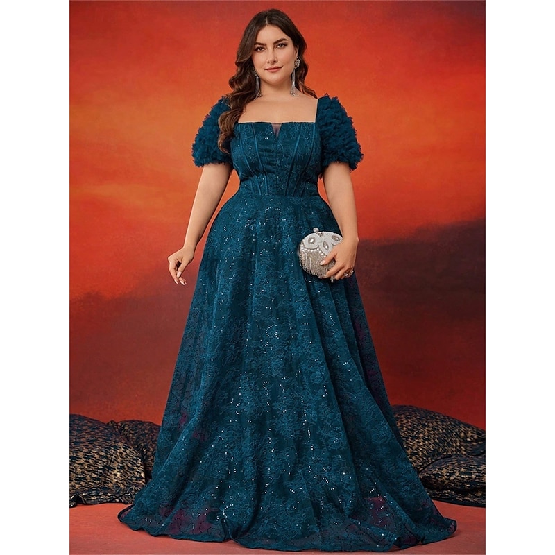 A-Line Plus Size Dresses Elegant Curve Dress Formal Wedding Floor Length Short Sleeve Square Neck Lace with Pleats