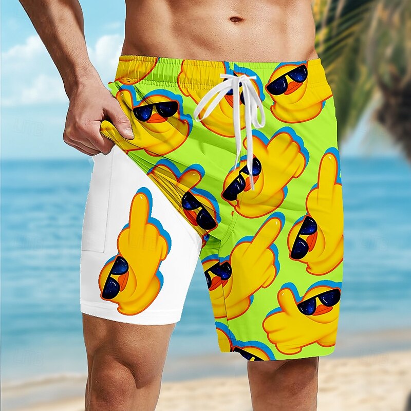 Men's Little Yellow Duck Funny Lined Shorts 2 in 1 Board Shorts Swim Shorts Mid Waist Hawaiian Holiday Side Pockets With Compression Liner Elastic Drawstring Waist Designer Clothing Apparel2