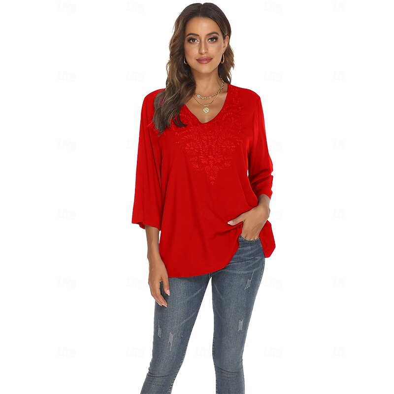 Women's Boho Shirt Floral Bohemia Casual 3/4 Length Sleeve Elbow Sleeve V Neck Regular Tops Work Daily Going out Embroidered Black Red Purple Summer3