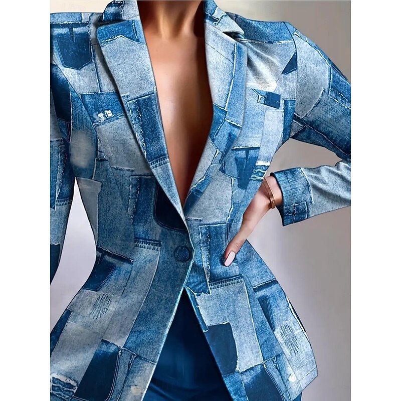 Women's Blazer Comfortable Breathable Print Casual Geometric Office Street Casual Daily Wear Single Breasted Long Turndown Regular Fit Long Sleeve Outerwear Black White Yellow Summer Fall2