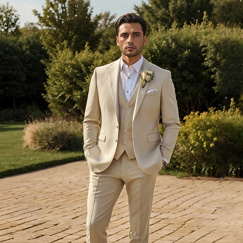 Men's Wedding Business Suits Notch Lapel Beige Fashion Formal Solid Colored Standard Fit 3 Piece Single Breasted Two-buttons2