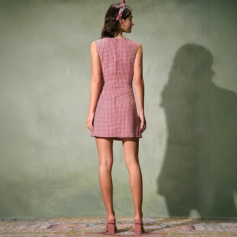 Retro Vintage 1950s 1960s Mini Dress Sleeveless Button Down Gingham Fancy Dress Women's Carnival Vacation Casual Daily Picnic Adults Dress Summer4