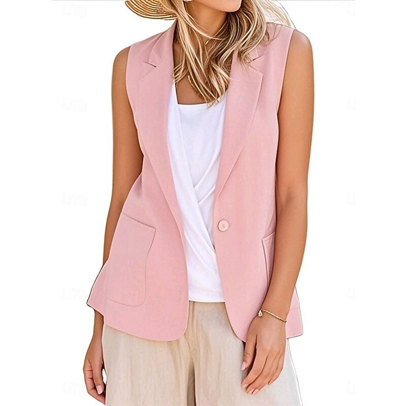 Women's Vest Blazer Comfortable Breathable Pocket Modern Casual Plain Office Street Casual Daily Wear Single Breasted Regular V Neck Regular Fit Sleeveless Outerwear Black White Yellow Summer Spring