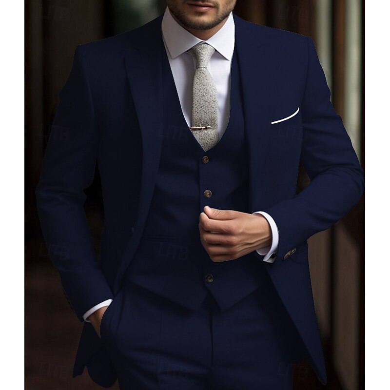 Men's Wedding Suits Notch Navy Blue Brown Daily Business Solid Colored Tailored Fit 3 Piece Single Breasted Two-buttons3