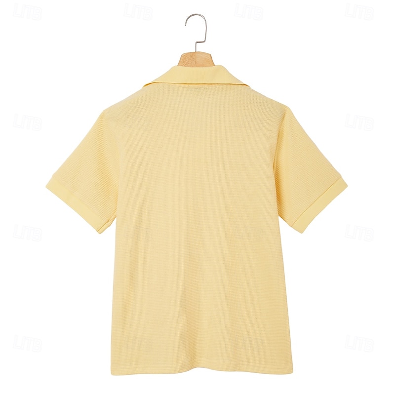 Men's Cotton Waffle Polo Shirts Golf Shirt Casual Holiday Lapel Ribbed Polo Collar Short Sleeve Fashion Basic Plain Buttons Soft Summer Spring Regular Fit White Yellow Green Gray Waffle Polo4