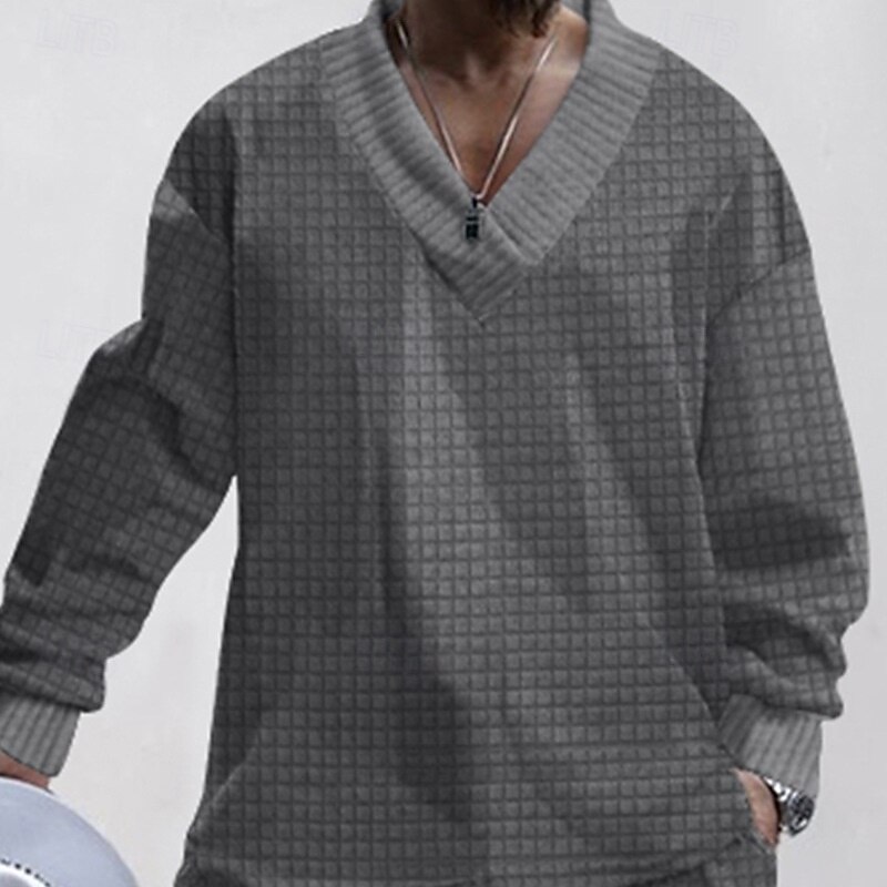 Men's Waffle Sweatshirt Black White Khaki Light Grey Dark Gray V Neck Plain Oversized Casual Daily Holiday Streetwear Cool Casual Spring &  Fall Clothing Apparel Hoodies Sweatshirts4