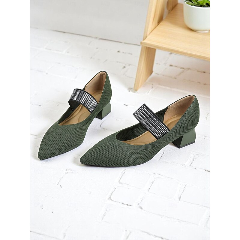 Women's Army Green Knit Block Heel Pumps with Rhinestone Elastic Strap, Stylish Comfortable Office Shoes for Teachers, Receptionists and Daily Workwear3