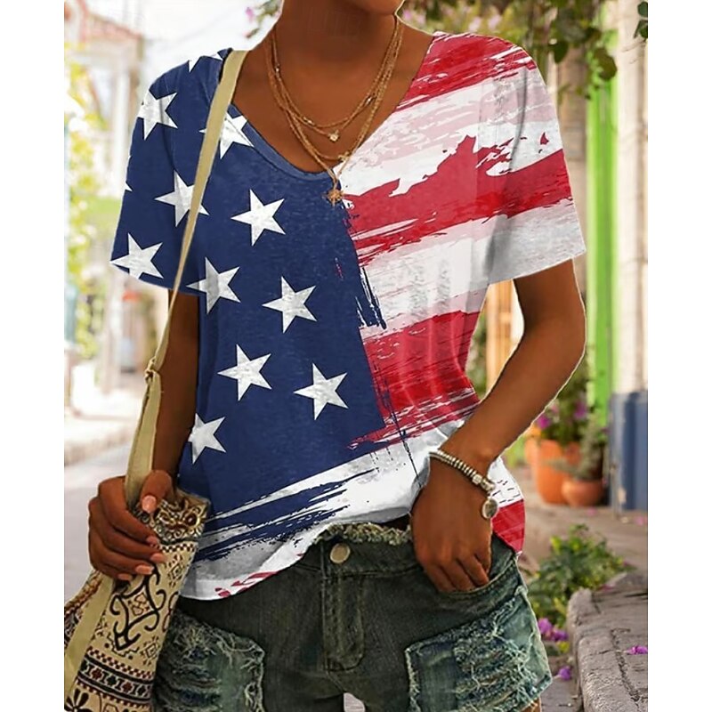 Women's Patriotic  T Shirt Graphic Geometric Star Vintage Stylish Classic Short Sleeve V Neck Regular Tops Daily Weekend Print Black White Yellow Red Blue Summer Spring4