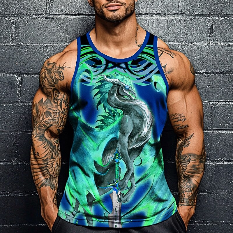 Dragonsword STORMBLADE Ruth Thompson Men's Dragon Vest Top Undershirt Sleeveless T shirt 3D Print Crew Neck Shirt Fashion Exaggerated Street Casual Daily Blue Summer Spring Clothing Apparel S M L XL X2