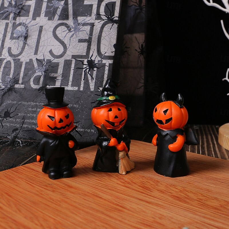 3pcs/set Halloween Mini Pumpkin Devil Gentleman Resin Figurine Set, Spooky Home Party Tabletop Decor, Resin Craft Ornament2