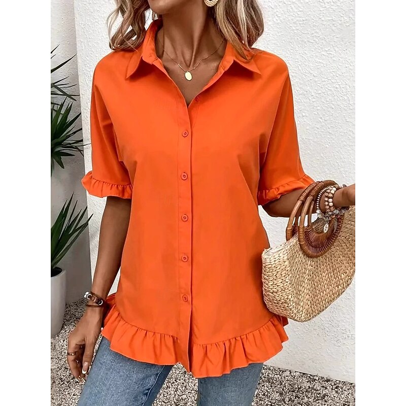 Women's Shirt Button Down Blouse Solid Color Plain Stylish Modern Casual Short Sleeve Shirt Button Down Blouse Collar Regular Tops Work Daily Holiday Ruffle Buttons White Orange Summer Spring3