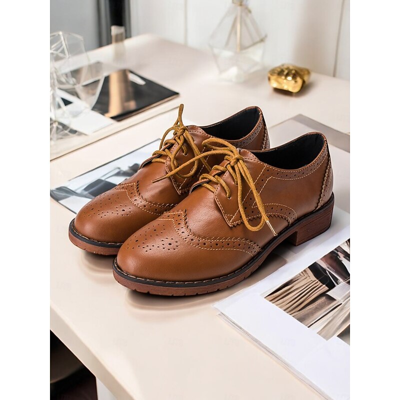 Women's Brown Faux Leather Brogue Oxford Shoes – Classic Wingtip Lace-Up Flats for Work, Daily Office Wear and Fall Outings