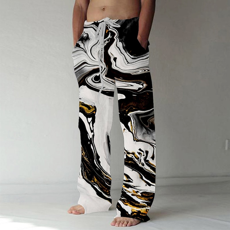 Men's Marble Abstract Liquid Art Trousers Baggy Pants Casual Pants Mid Waist Casual Outdoor Vacation Daily Drawstring Elastic Waist Wide Leg Summer Spring 3D Print Black Yellow Green2
