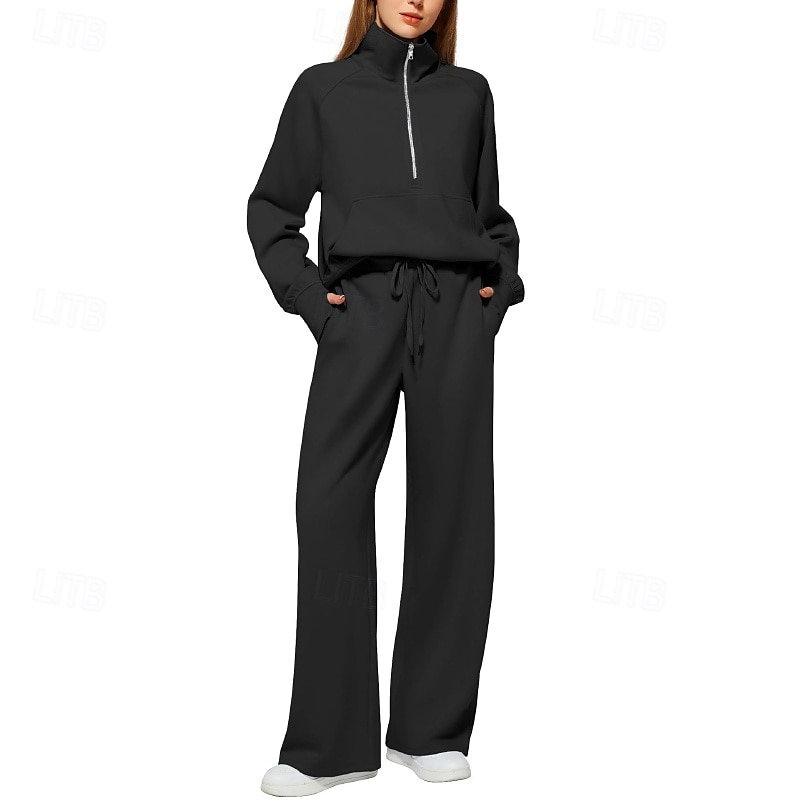 Women's Tracksuit Sweatpants Wide Leg Pants Lace Pocket Solid Colored Clothing Suit Fall Black White Gym Sports Running Windproof Long Sleeve Sport Activewear Stretchy Regular Fit2