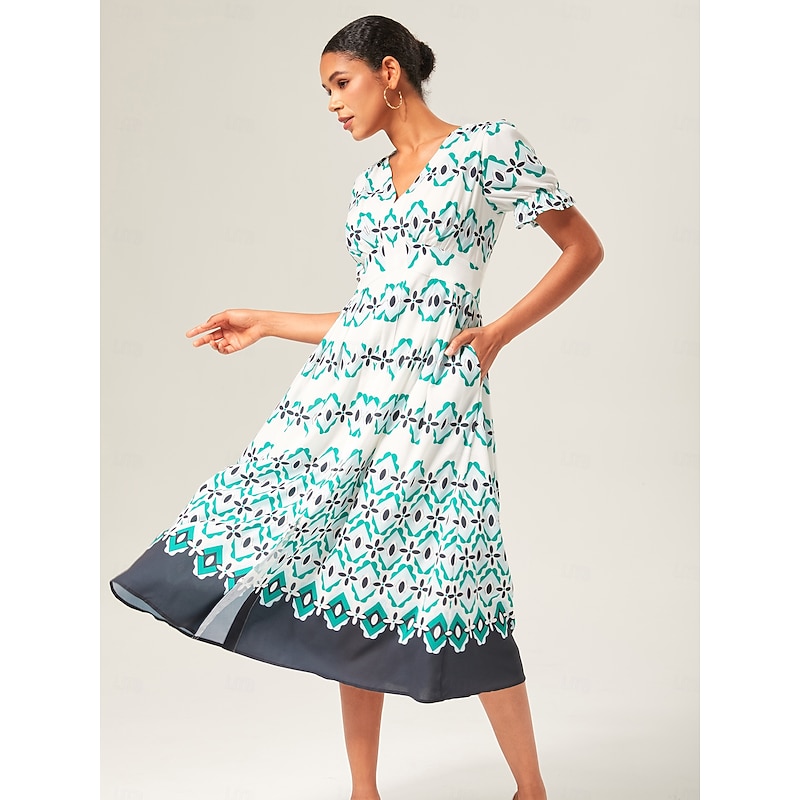 Geometric Rayon V-Neck Midi Dress4