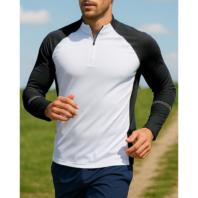 Men's Golf Polo Shirt Running Shirt Tennis Shirt Quarter Zip Long Sleeve Tee Tshirt Color Block Quick Dry Lightweight Elastic Breathable Tennis Golf Running Sportswear Activewear Black Blue Gray4