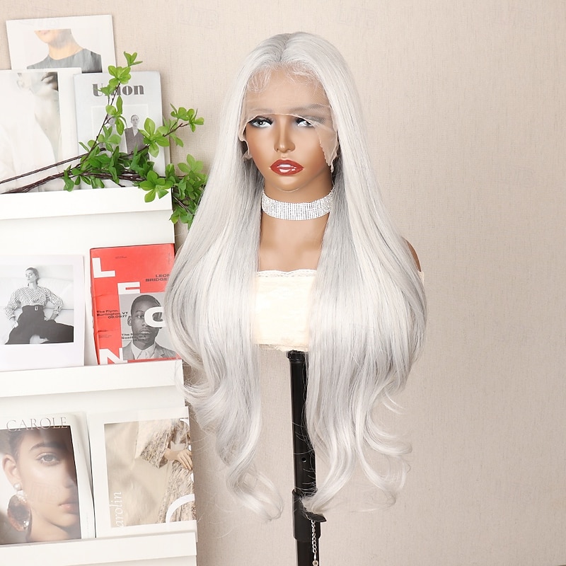 Synthetic Lace Wig Body Wave Style 30 inch Gray Middle Part 13x6 Lace Front Wig Women's Wig Creamy-white3