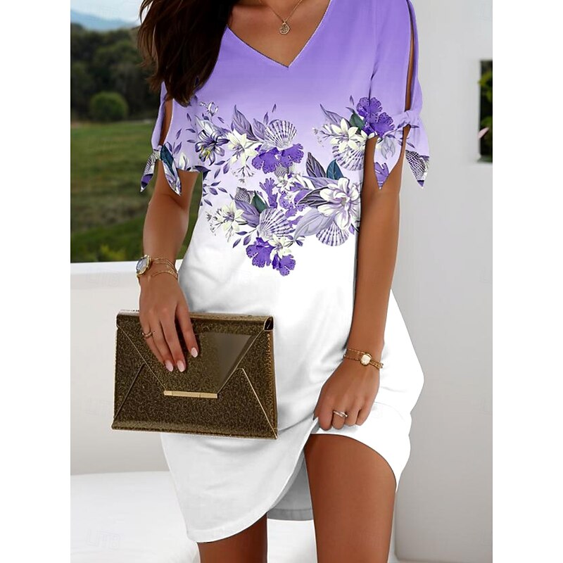 Women's Mini Dress T Shirt Dress Tee Dress A Line Dress Athletic Dress Elegant Vacation Vintage Regular Fit Floral Graphic Color Block Short Sleeve V Neck Navy Blue Sky Blue Light Purple Summer2