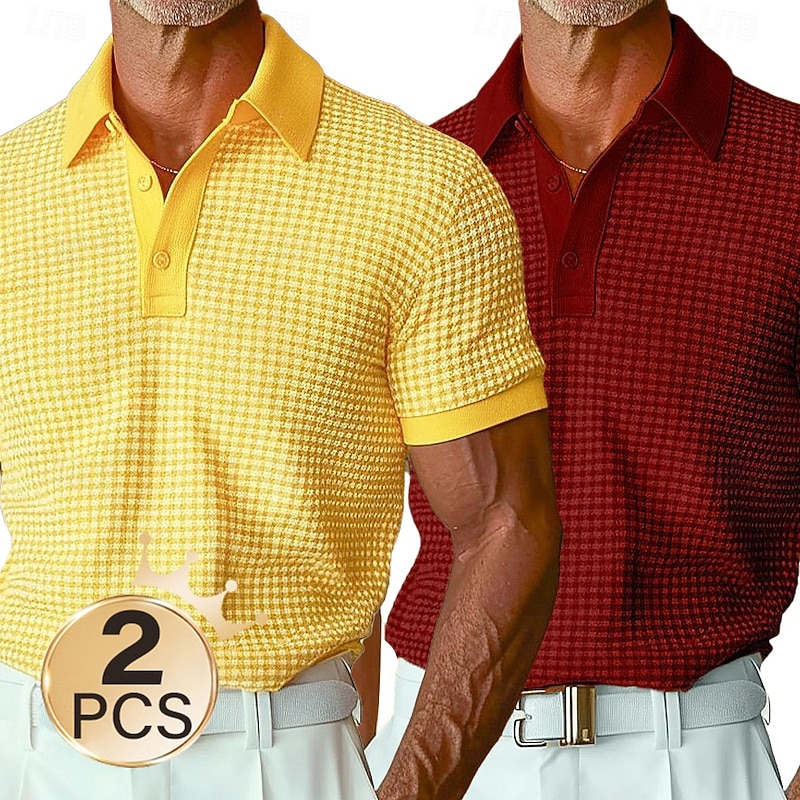 Men's  2Pcs Waffle Polo Shirts Vacation Casual Turndown Short Sleeve Vacation Leisure Plain Pocket  Summer2