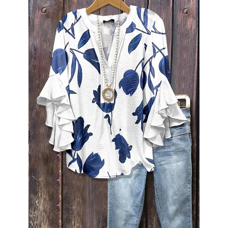 Women's Shirt Floral Stylish Modern 3/4 Length Sleeve V Neck Regular Tops Daily Holiday Ruffle Print Light Green Pink Blue Green Summer