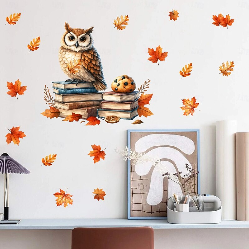 Fall Wall Stickers, Thanksgiving Maple Leaf and Owl  Cartoon Animal Reading Owl Decals for Living Room Bedroom Kids Room Home Decor Self-Adhesive Wall Decals3
