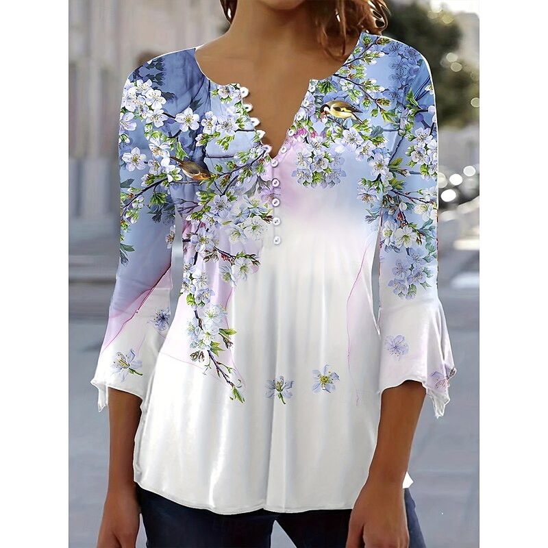 Women's Blouse V Neck Floral Graphic Elegant Stylish Casual 3/4 Length Sleeve Crew Neck Regular Tops Daily Going out Buttons Pink Blue Orange Summer Spring Fall4