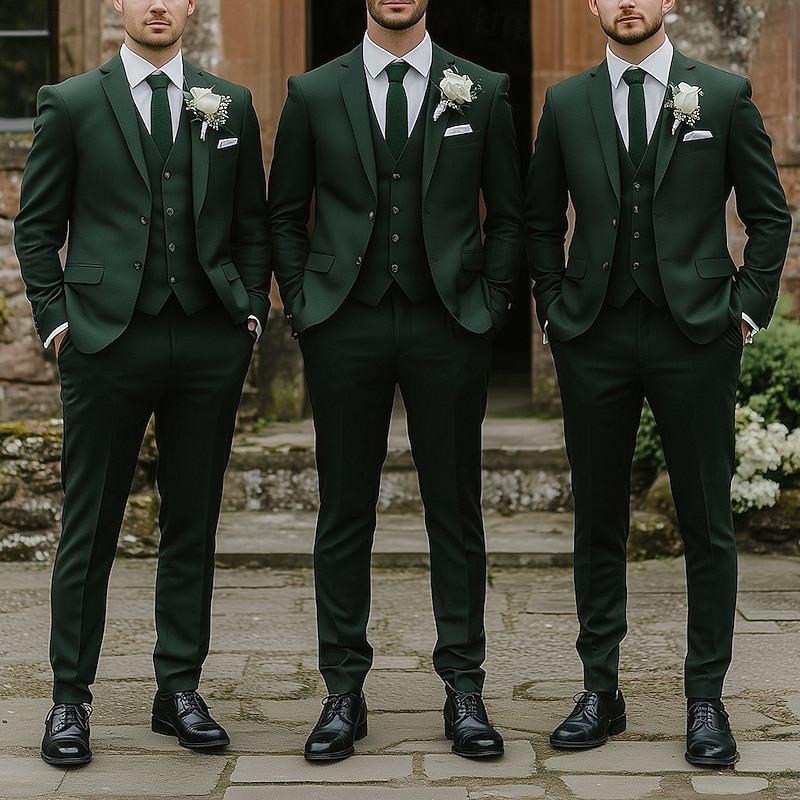 Men's Wedding Business Suits Notch Lapel Dark Green Fashion Formal Solid Colored Standard Fit 3 Piece Single Breasted Two-buttons