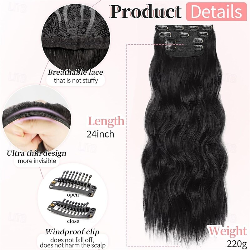 Clip in Hair Extensions 4PCS Long Wavy Synthetic Dark Black Brown Fiber Double Weft Natural Thick Hairpieces 24Inch for Women2