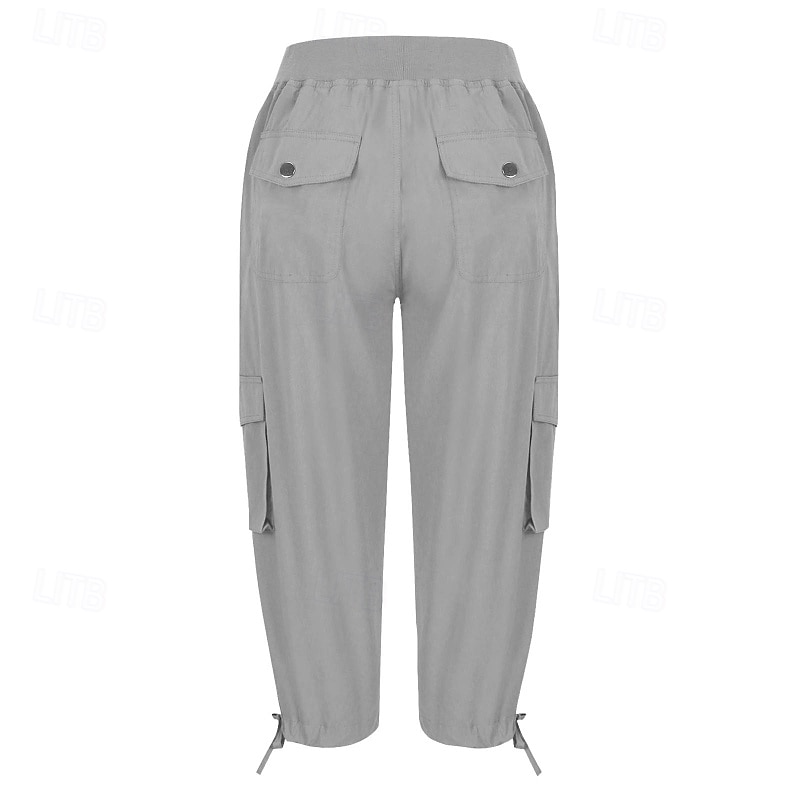 Women's Cargo Pants Slacks Streetwear Casual Calf-Length Natural Plain Pocket Elastic Drawstring Design Comfy Outdoor Comfortable Outdoor Streetwear Camel Dark Brown Light Sky Blue Black Summer3