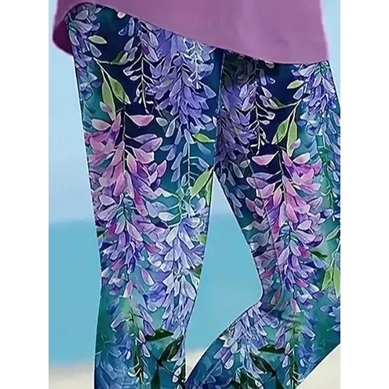 Women's Leggings Vacation Vintage Fashion Ankle-Length High Waist Floral Graphic Leaf Printing Soft Breathable Stretchy Vacation Causal Casual Purple Spring Slim Fit2