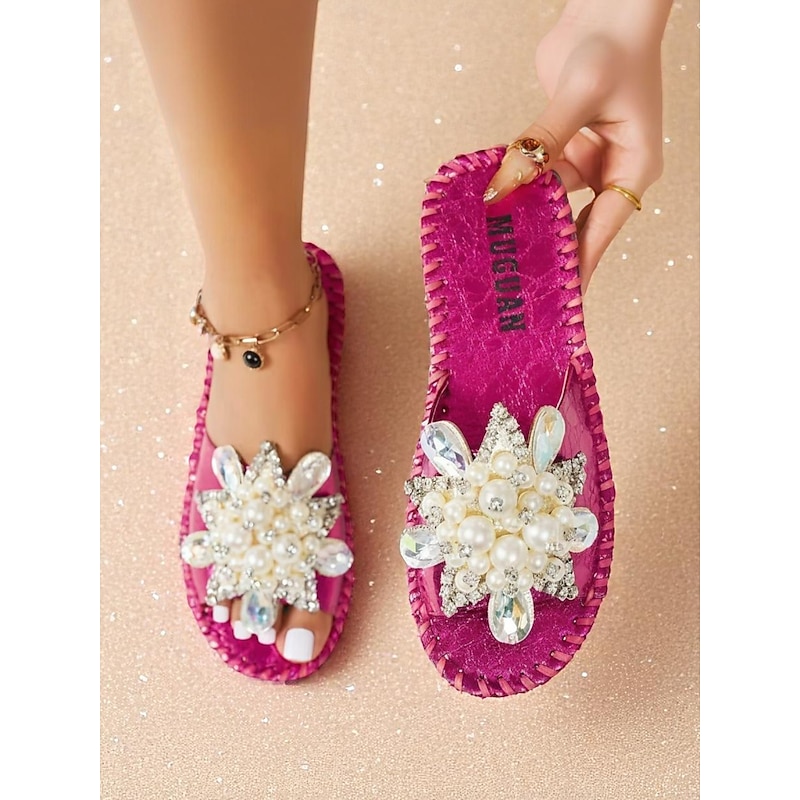 Women's Flat Sandals with Crystal and Pearl Flower Detail - Glamorous Slides for Nightlife Parties and Special Occasions2