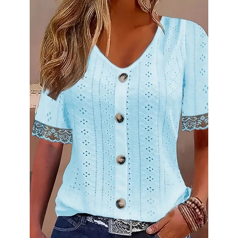 Women's Lace Shirt Solid Color Stylish Casual Beach Short Sleeve V Neck Regular Tops Daily Lace Patchwork Buttons White Sky Blue Summer2