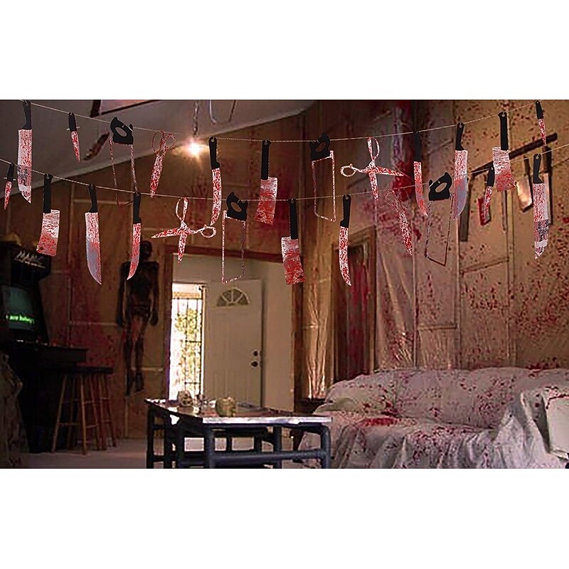 Halloween Blood Handprint Decoration Set Including Window Clings, Blood Knife Banner, and PVC Tablecloth, Perfect for Halloween, Haunted House, and Spooky Festival Decor3