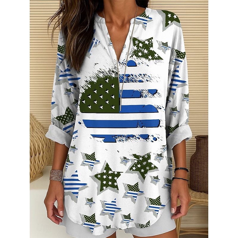 Women's Blouse Tunic V Neck Long Sleeve Boho Casual Patriotic Graphic Flag Vintage Tropical Regular Tops Daily Wear Print Red Blue Purple2