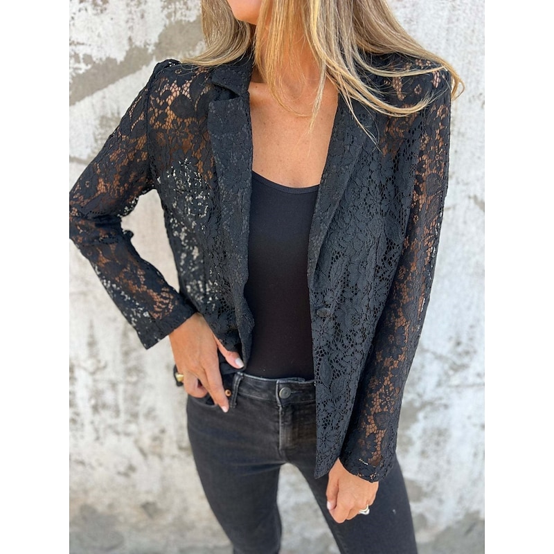 Women's Blazer Breathable Comfortable Lace Patchwork Casual Plain Office Street Casual Daily Wear Open Front Regular Turndown Regular Fit Long Sleeve Outerwear Black White Summer3