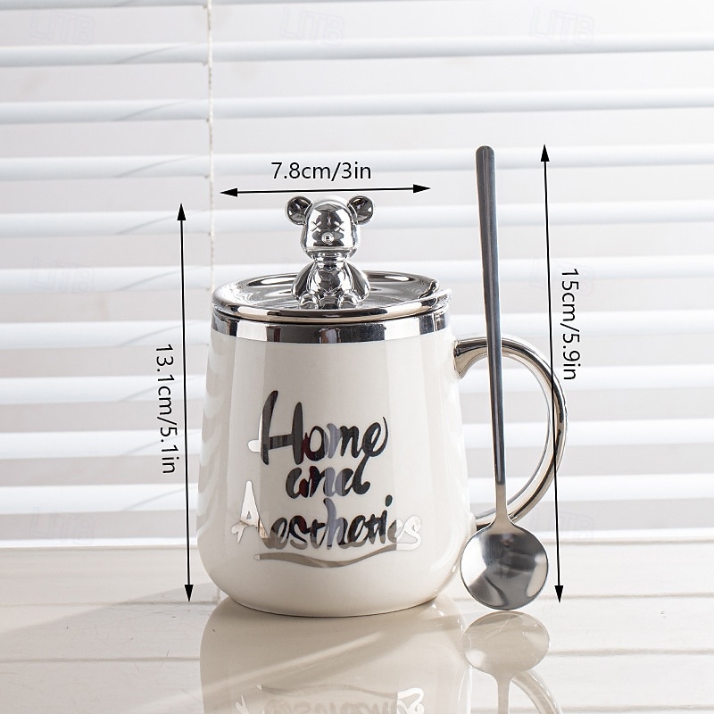 Ceramic Coffee Mug with Lid and Spoon, Cute Couple Cups for Office or Home, Breakfast Tea Mug for Men and Women3