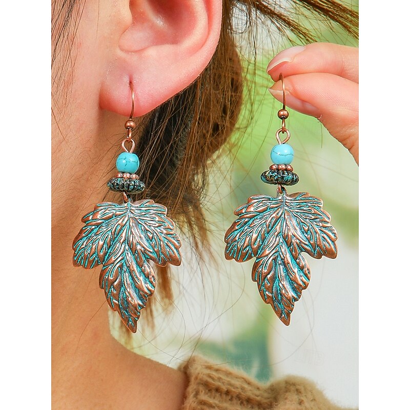 Women's Boho Vintage Turquoise Dangle Earrings Set - Vintage Tribal Style Lightweight Dangle Earrings with Antique Bronze Finish for Holiday Casual Outings and Gifts3