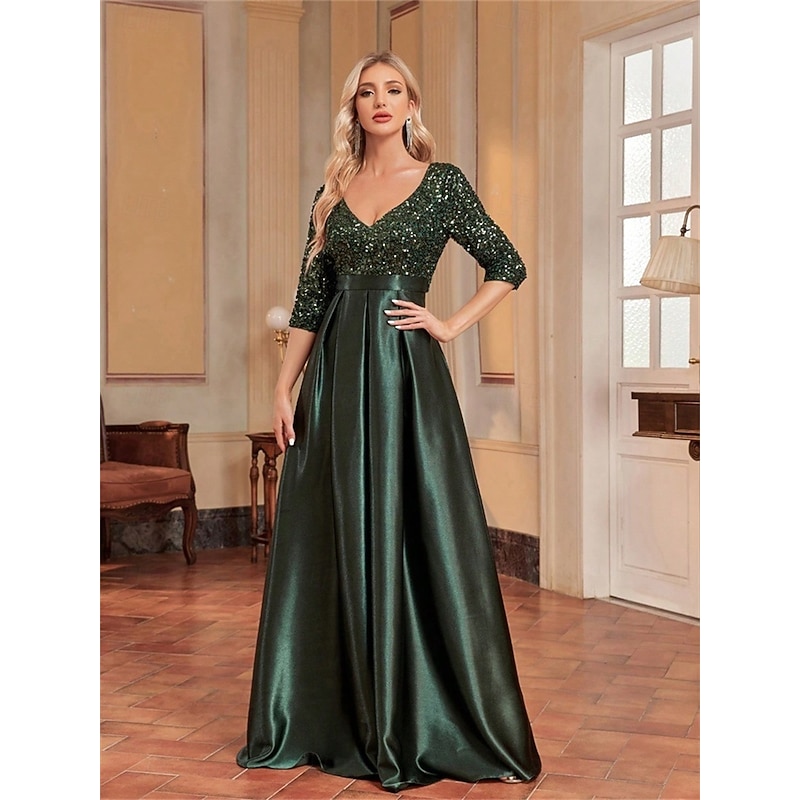 A-Line Quinceanera Dresses Elegant Dress Formal Wedding Floor Length Long Sleeve V Neck Polyester with Sequin